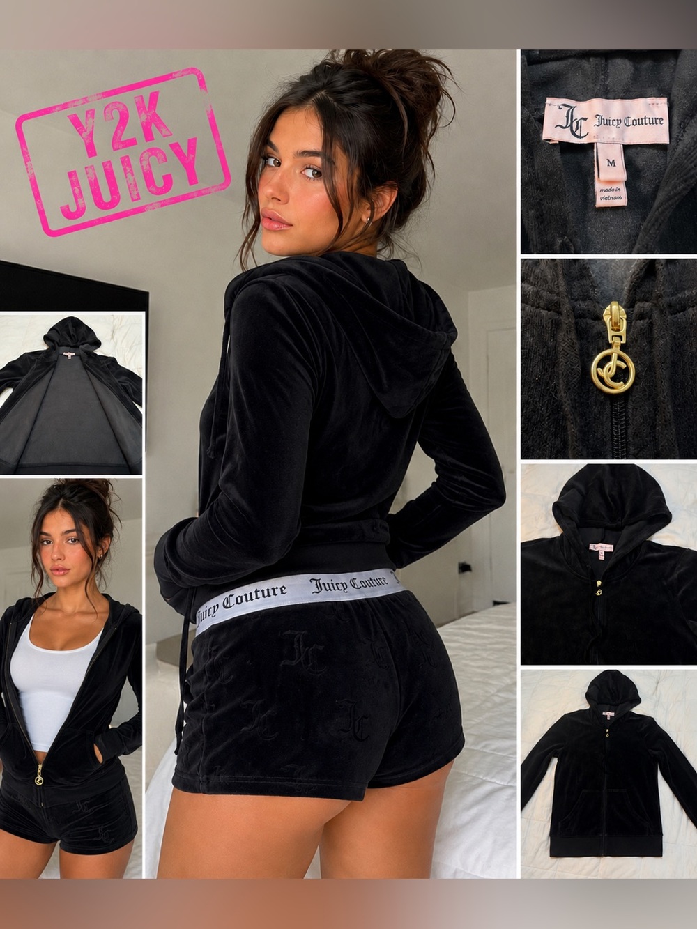 Y2K Juicy Couture Black Velour Zip Up Hoodie Gold JC Charm Size M